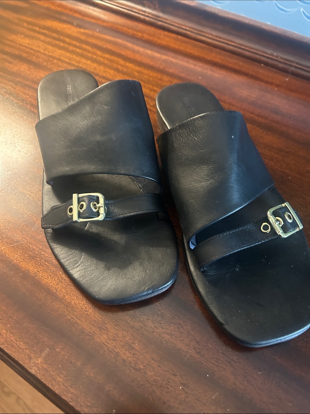 Free People MILA Black Leather Slide Sandals with Gold Buckles